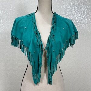 Design Wear Turquoise Suede Fringe Western Shawl Capelet with Silver Studs